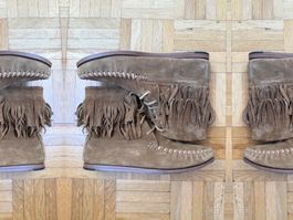SAINT LAURENT PARIS SUEDE FRINGE MOCCASIN BOOTS