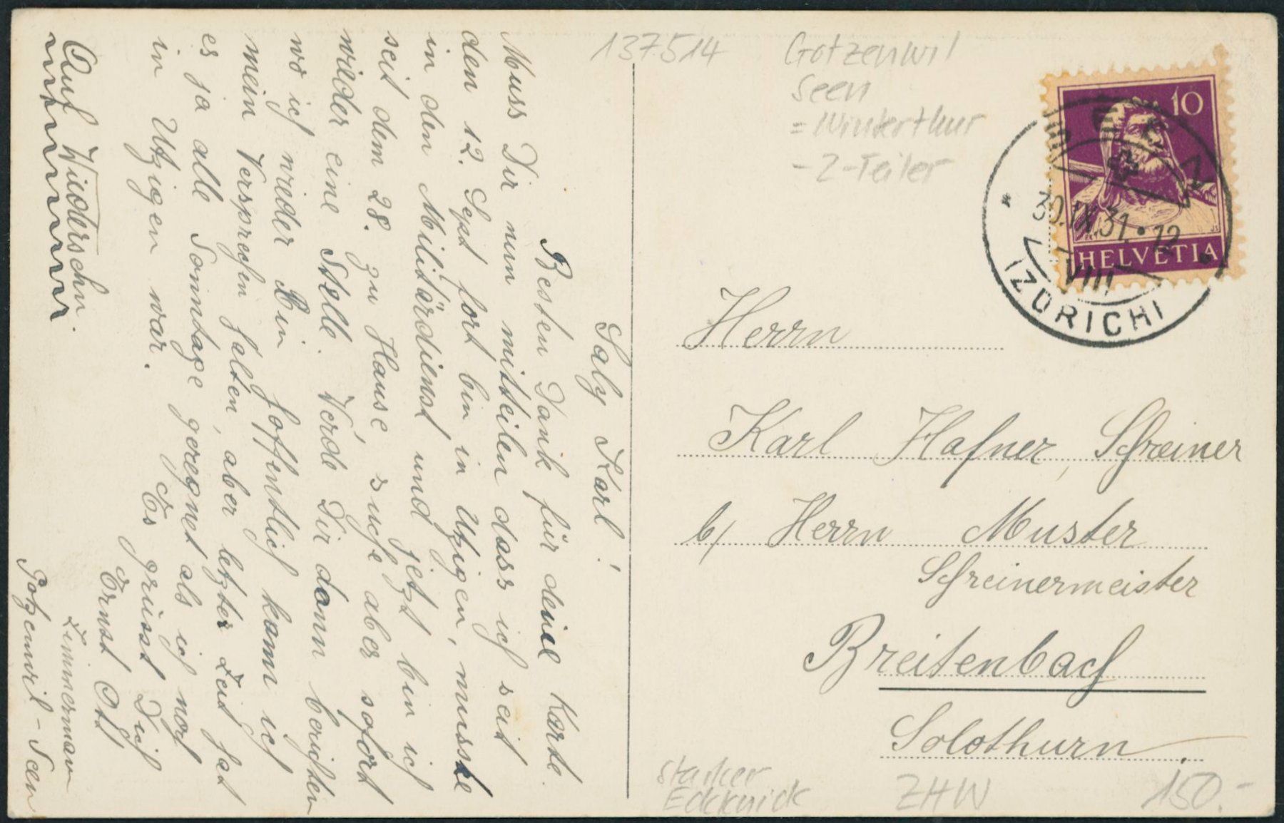 Cartoline postali: ZHW Gotzenwil - Seen - Winterthur – Usato da Schindellegi venduto da stationary 1