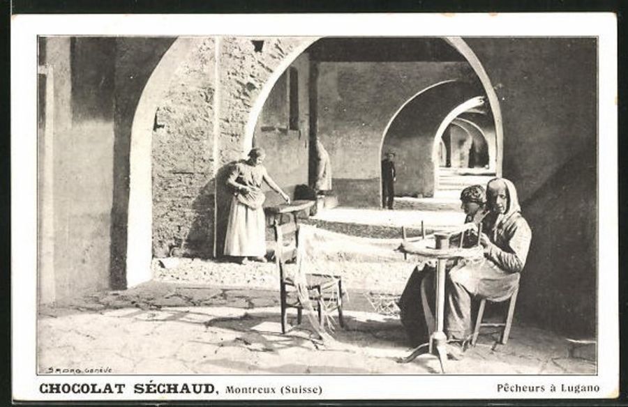 Cartoline postali: Pêcheurs à Lugano, publicité de Chocolat Séchaud – Usato da Frauenfeld venduto da POML
