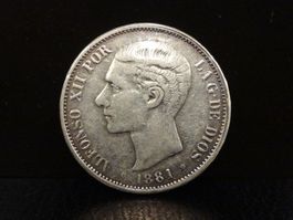 Replika einer antiken Silbermünze 5 PESETAS 1881 ESPANA