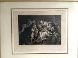 Antiker Stahlstich Zahnarzt mit Rahmen