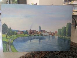Original Oil Painting by Ad. Flückiger (1948) Swiss Lakeside