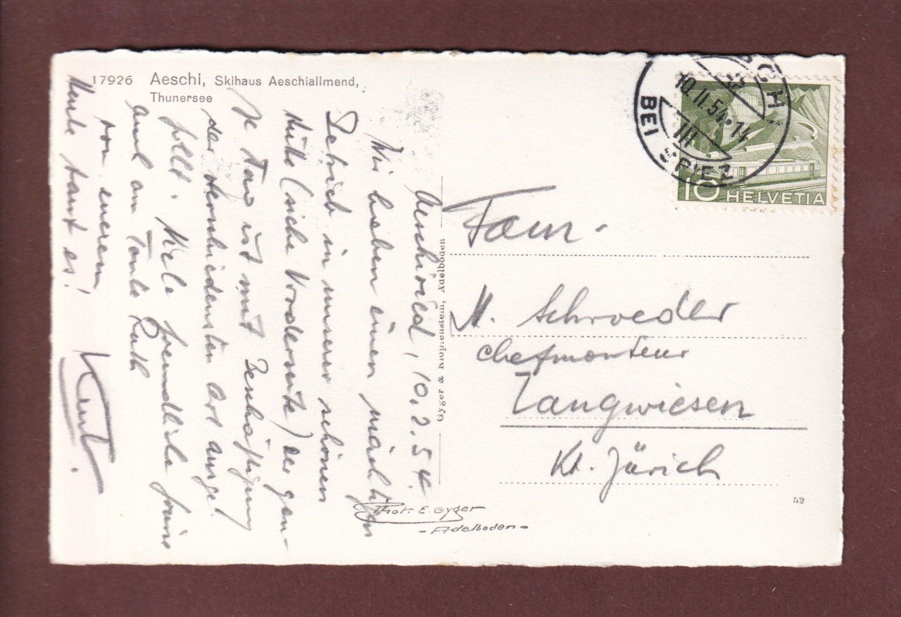 Cartoline postali: AESCHI - Skihaus Aeschiallmend - 1954 – Usato da Pully venduto da nicecards 1