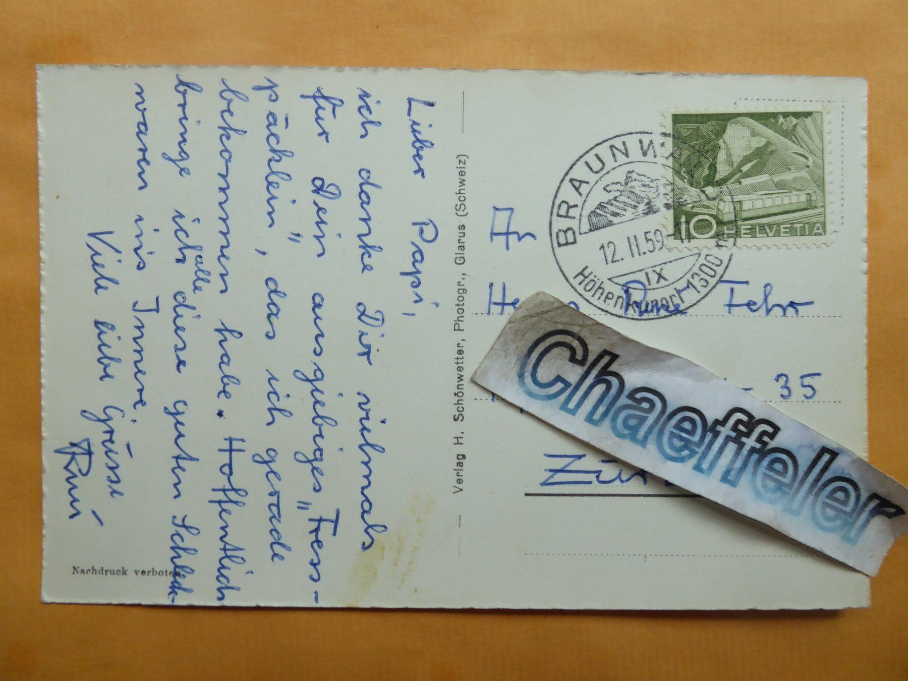 Cartoline postali: 1959   1695 Braunwald,  Ortstockhaus – Usato da Zürich venduto da Chaeffeler 1