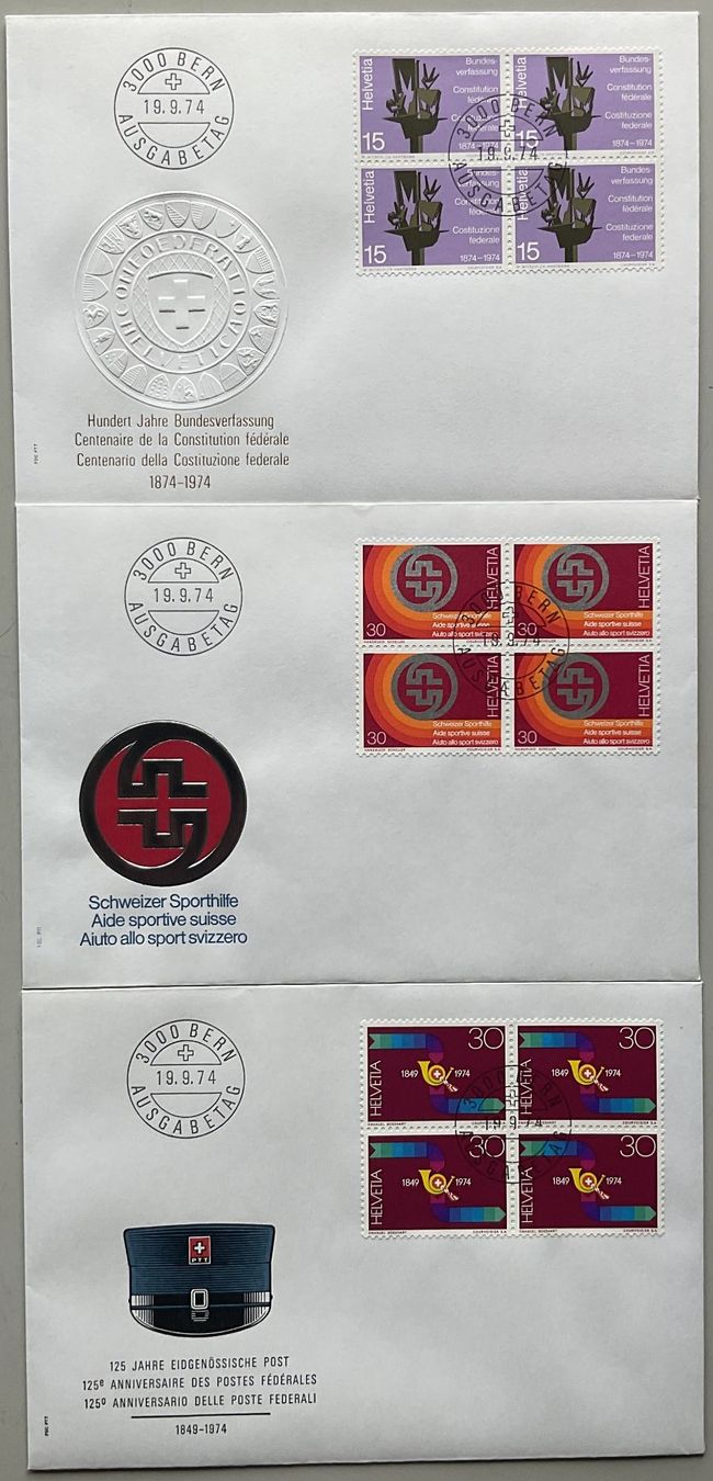 Alle Briefmarken: FDC 1974 mit Einzelmarken und Viererblöcken – Neu (gemäss Beschreibung) aus Luzern von 19primeln 7