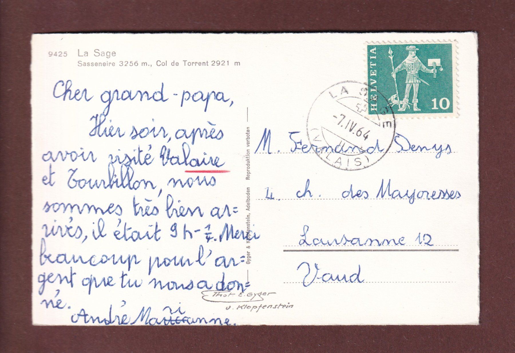 Cartoline postali: LA SAGE - 1964 – Usato da Pully venduto da nicecards 1