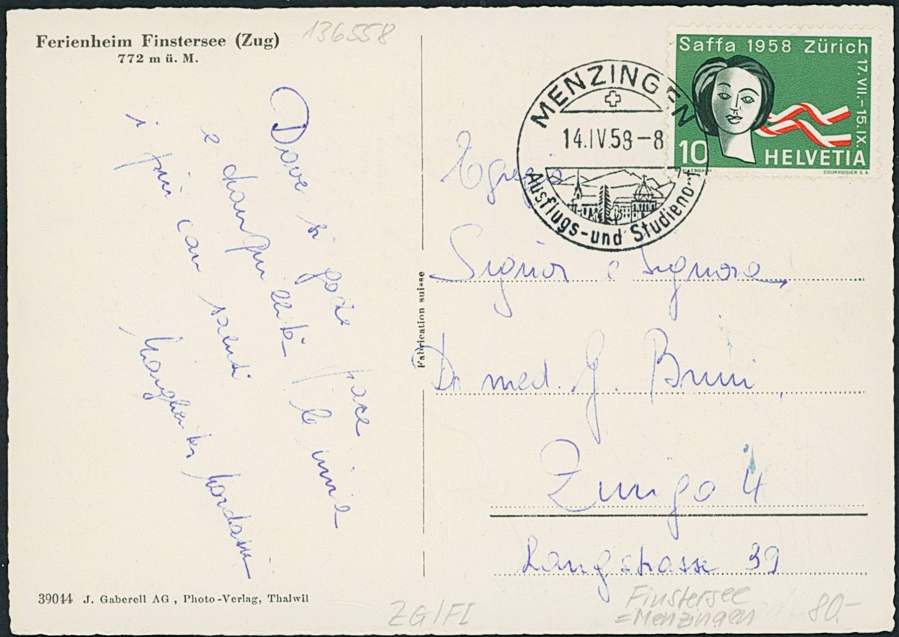 Cartoline postali: ZG Finstersee - Menzingen – Usato da Schindellegi venduto da leecollect 1
