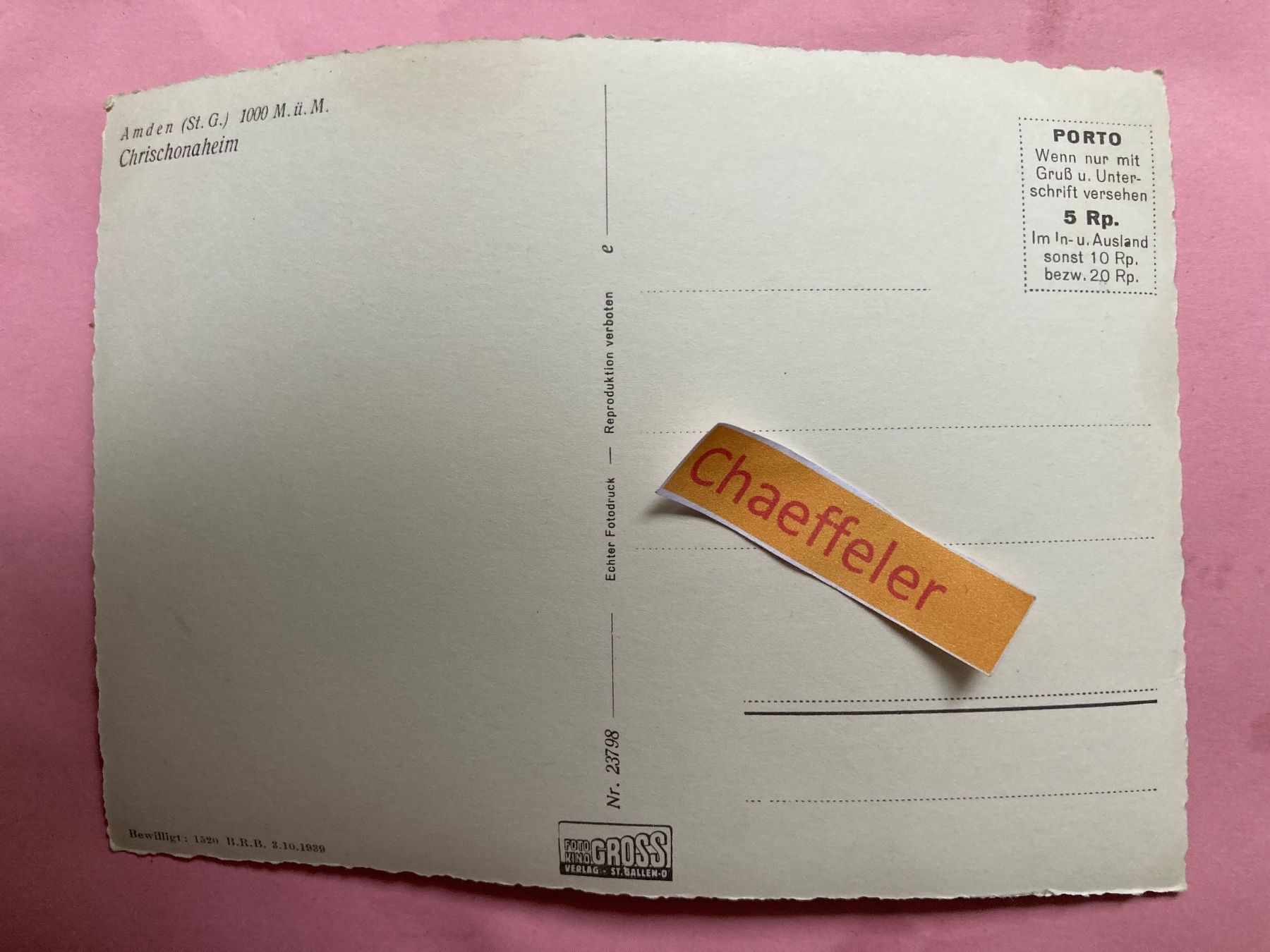 Cartoline postali: Anden SG., Chrischonaheim – Usato da Zürich venduto da Chaeffeler 1