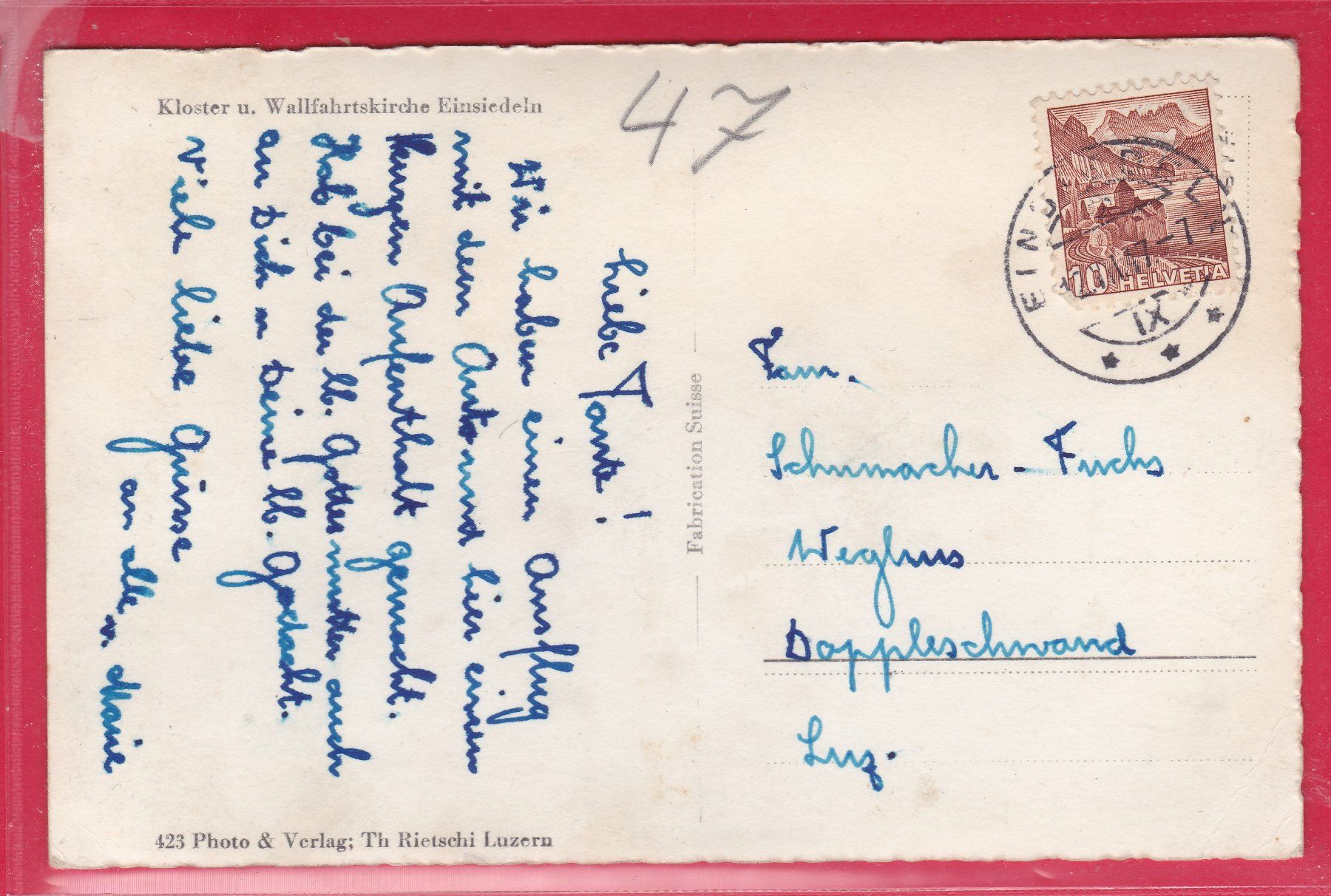 Cartoline postali: KLOSTER UND WALLFAHRTSKIRCHE EINSIEDELN, 12.7.1947 – Usato da Oberrieden venduto da Gebirgsstelze 1