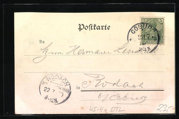 Cartoline postali: Litho Coburg, Erinnerung a.d. Thüringer – Usato da Berlin venduto da bartko-reher 1