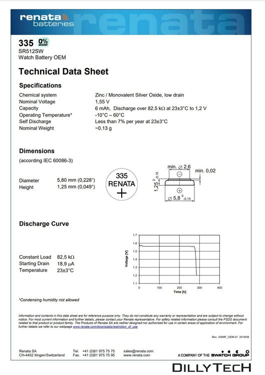 Caricatori & Batterie: Renata 335 Box, SR512SW Knopfzellenbatterie - 1 Stk. – Nuovo e nell'imballaggio originale da Erlenbach ZH venduto da dillytech.ch 3