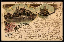 Lithographie Aarburg, Wartburg Säli, Flusspartie mit Brücke