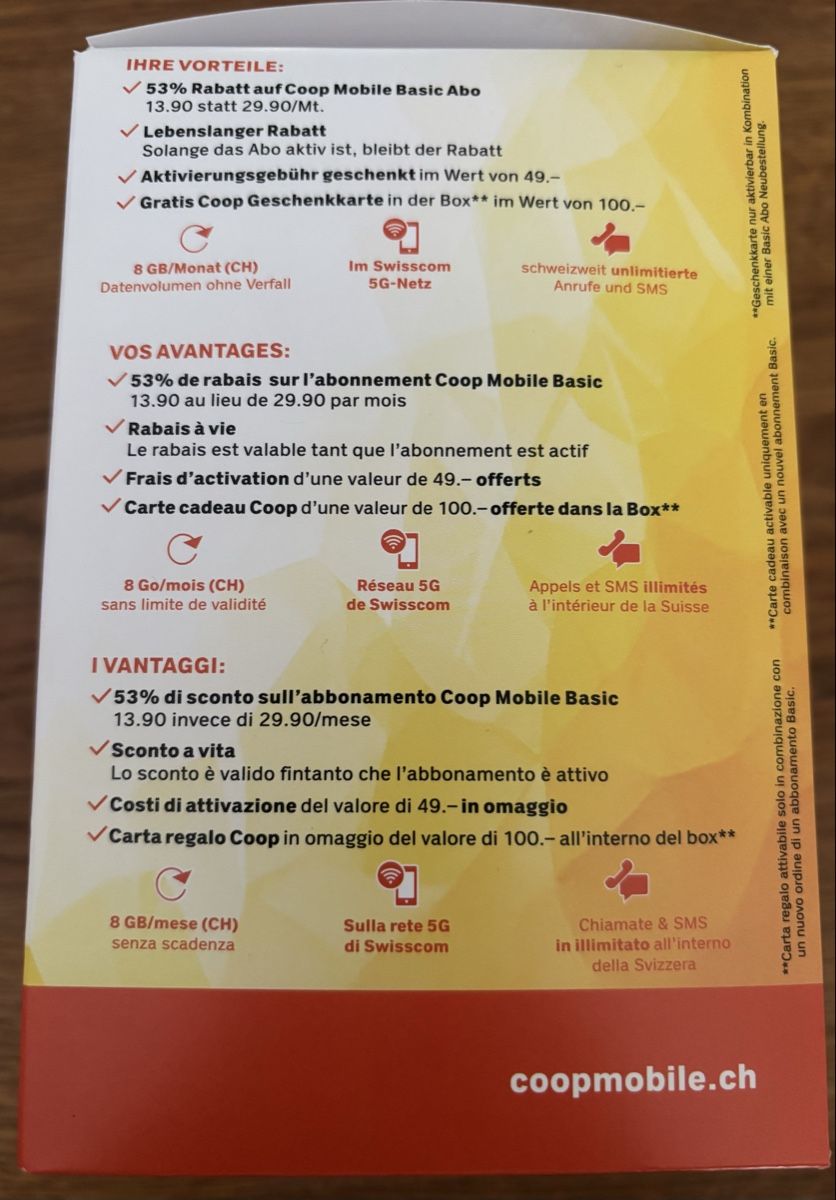 Buoni: Abo Coop Mobile Basic -53% + carte cadeau 100.- Coop – Nuovo e nell'imballaggio originale da Cudrefin venduto da sdz_trl6 2
