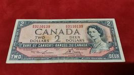 Kanada 2 Dollar Schein 1954, gut erhalten, Top Zustand