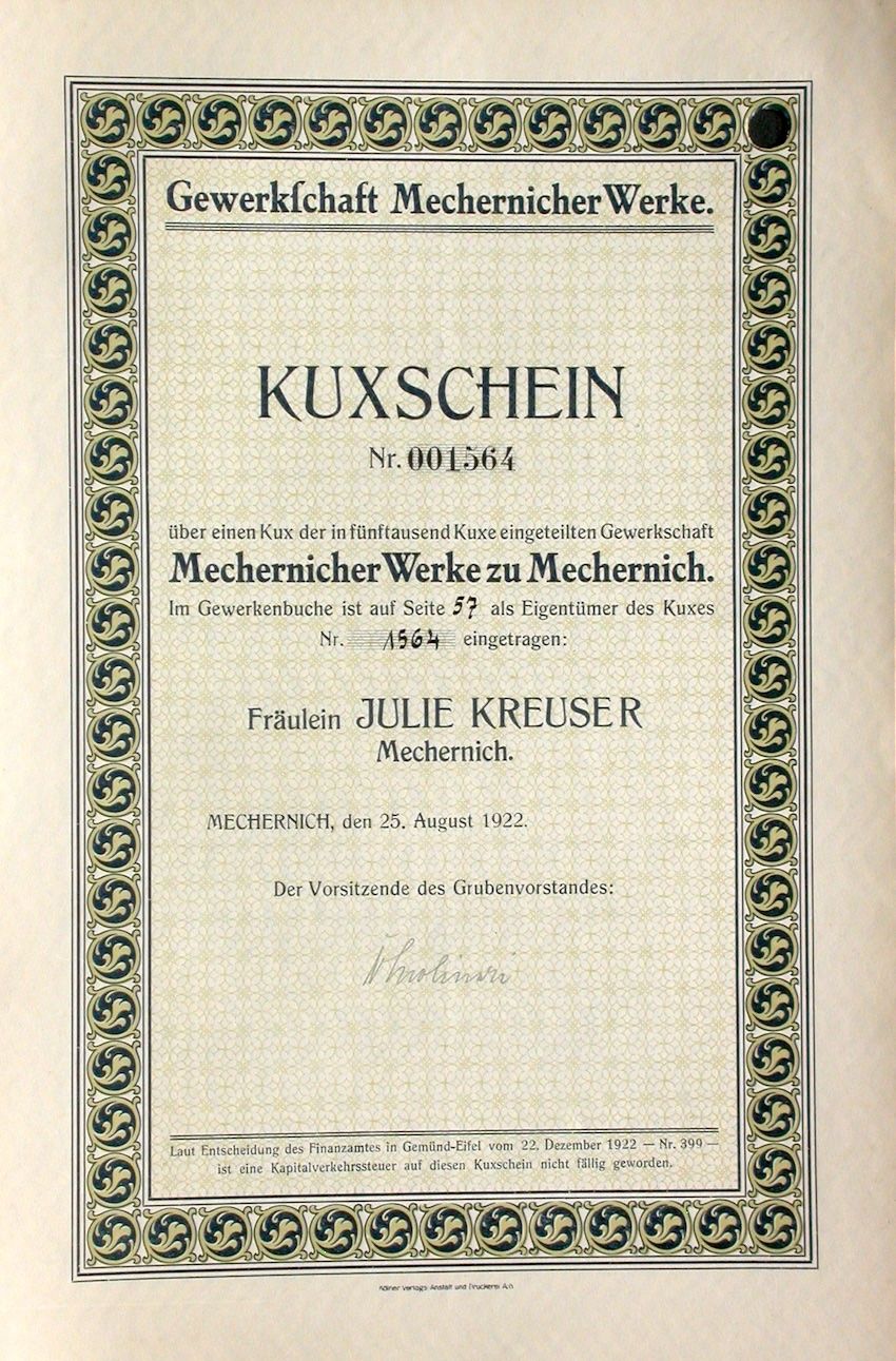 Documenti: Gewerkschaft Mechernicher Werke, Mechernich - 1922 – Usato da Solothurn venduto da Sgasche