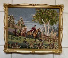 Gesticktes Wandbild, Jagdmotiv im Goldrahmen, Top! (51)