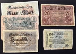 5 Reichsbanknoten, Kaiserreich, 1. WK & Weimar Republik