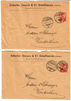2 Ganzsachen November 1910 gelaufen, von Schaffhausen