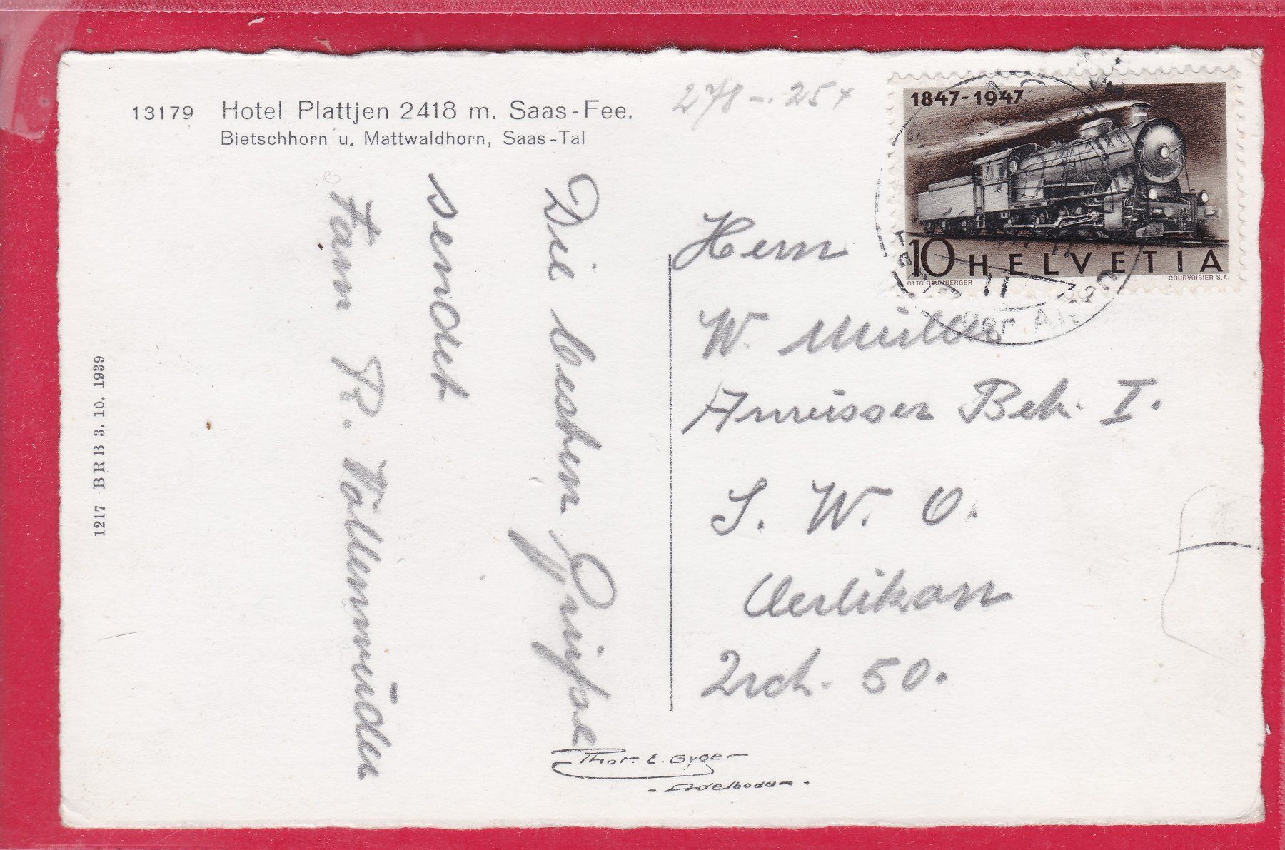 Cartoline postali: SAAS FEE, HOTEL PLATTJEN, 1947 – Usato da Oberrieden venduto da Gebirgsstelze 1