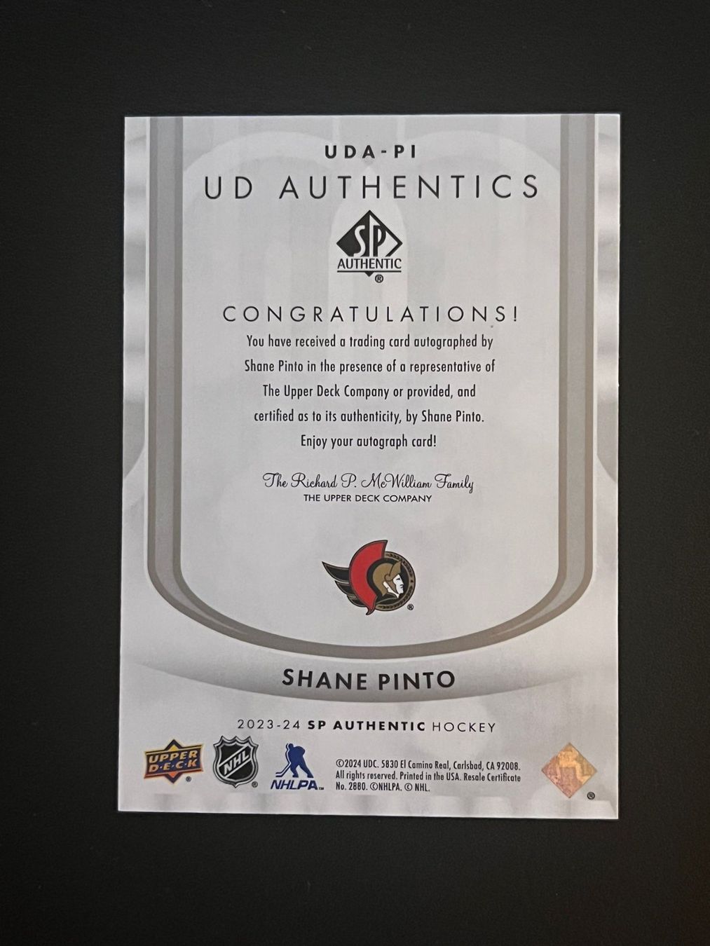 NHL Carte collezionabili: Shane Pinto 2023 UD Authentics Ottawa Senators – Nuovo (secondo la descrizione) da Möhlin venduto da SwissHockeyCards 1