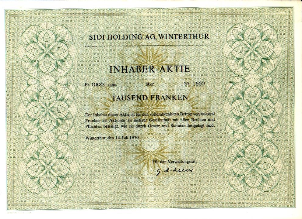 Documenti: SIDI Holding AG, Winterthur - 1970 – Usato da Solothurn venduto da Sgasche