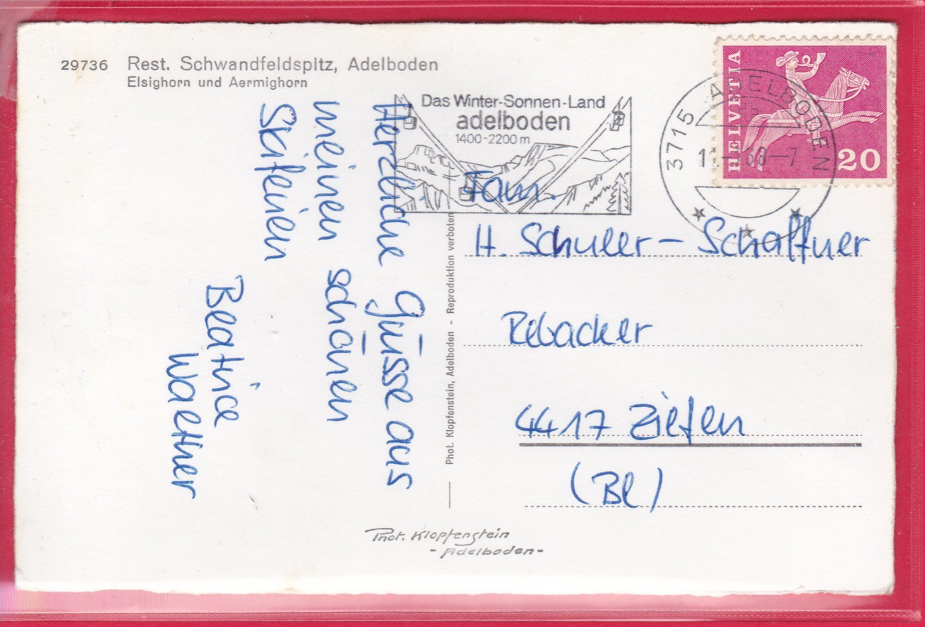 Cartoline postali: ADELBODEN, RESTAURANT SCHWANDFELDSPITZ, 11.3.1968 – Usato da Oberrieden venduto da Gebirgsstelze 1