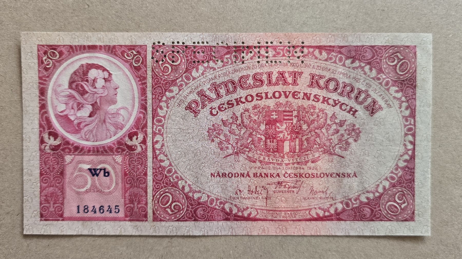 Banconote: A.MUCHA BANKNOTE 50 KRONEN TSCHECHOSLOWAKEI, SPECIMEN – Usato da Zürich venduto da reiter.peter