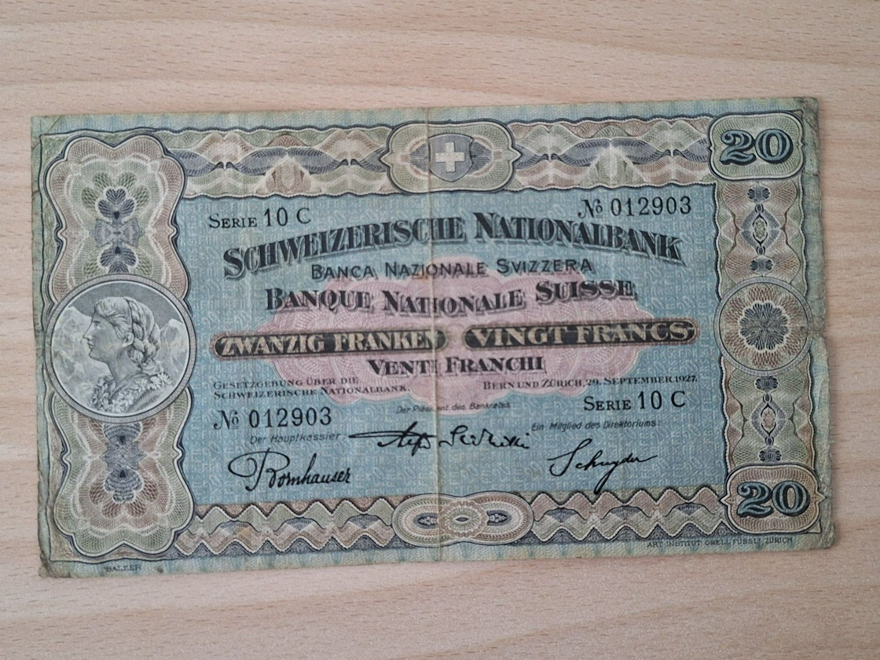 Banknoten: Schweizer Banknote 20 Franken, JG 1927 – Gebraucht aus Lohn-Ammannsegg von Beo71