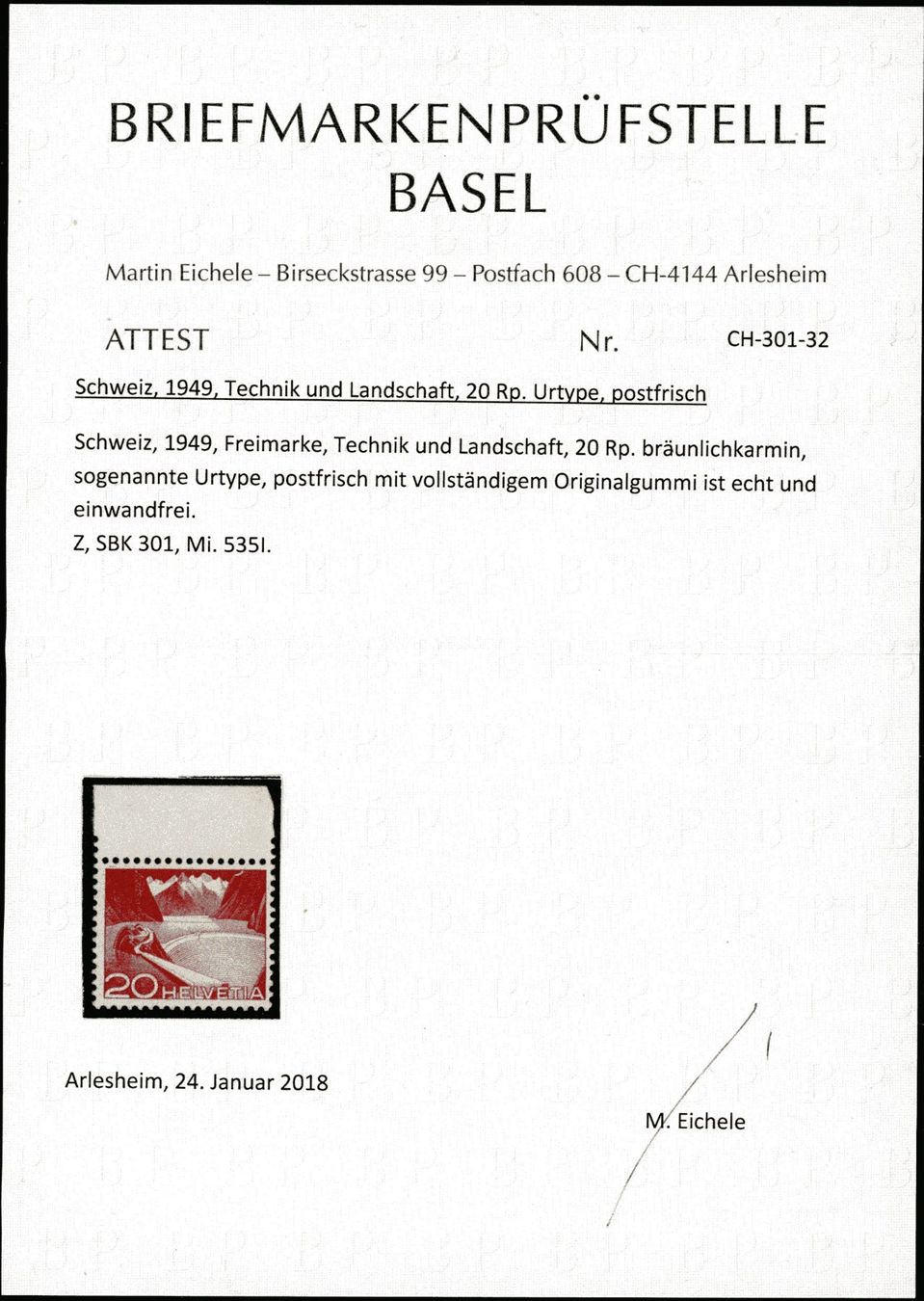 Tutti i francobolli: 1949 - Technik + Landschaft - 20Rp. Grimsel Stausee - Urtype – Nuovo (secondo la descrizione) da Schindellegi venduto da leecollect 2