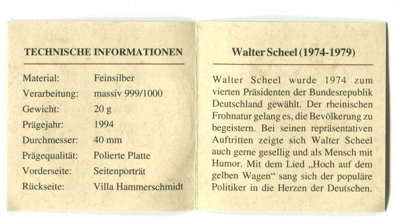 Medaillen: Silbermedaille "Bundespräsident Walter Scheel". 999/1000 PP – Neu und originalverpackt aus Basel von Butsch5 2