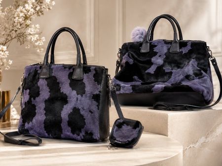 Echtleder-Tasche im Lila-Kuhmuster inkl. Portemonai