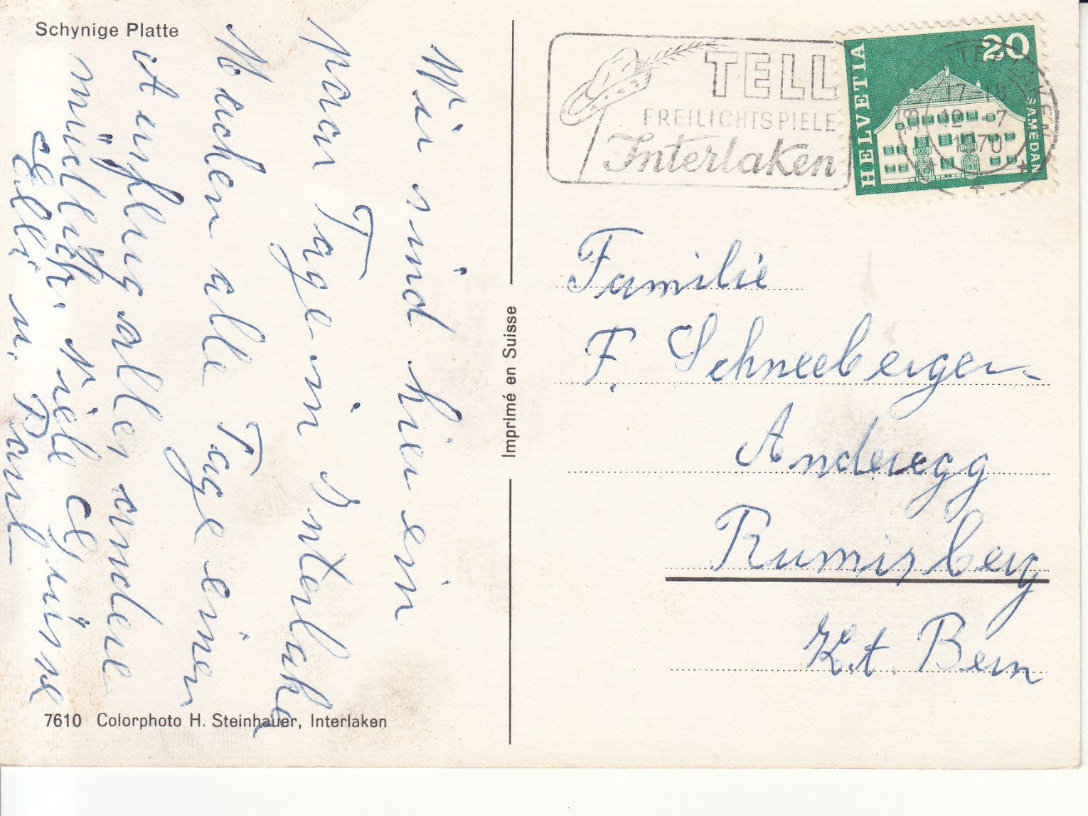 Cartoline postali: Schynige Platte 1970 – Usato da Bürglen TG venduto da StampGraf 1