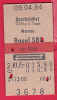 KARTON SPEZIALBILLETT, AARAU - BASELSBB, 2.KLASSE, RETOUR