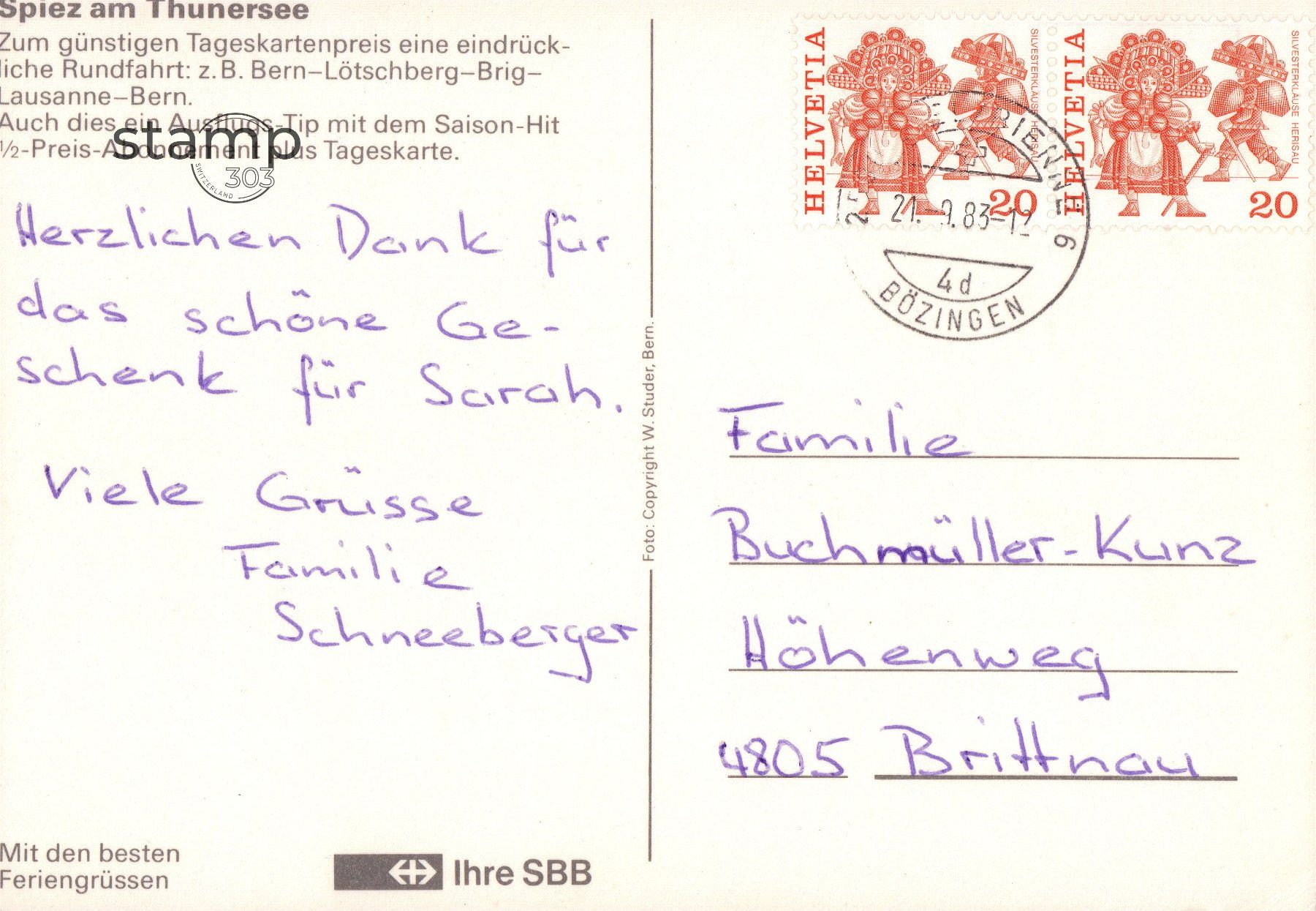 Cartoline postali: 1983 AK Spiez am Thunersee – Usato da Eggersriet venduto da stamp303 1