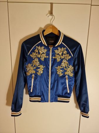 Maje Bichon Satin Bomberjacke Gr. 36 – Blau mit Stickerei