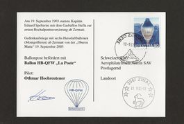 Ballonpost Ballon Flugpost mit Unterschrift Pilot HB-QFW