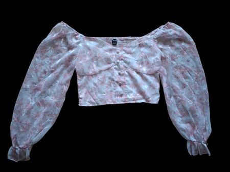 Chemisier court fleuri blanc rose manches longues