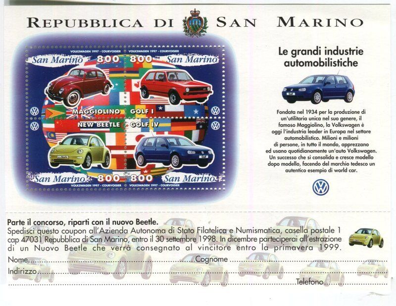 Tous les timbres: Block "VW Käfer". San Marino – Neuf avec emballage d'origine à Basel par Butsch5