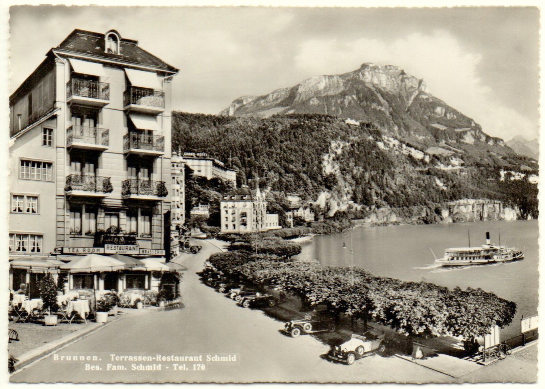 Cartoline postali: BRUNNEN Restaurant Schmid, Auto, Schiff – Nuovo (secondo la descrizione) da Jona venduto da philajona