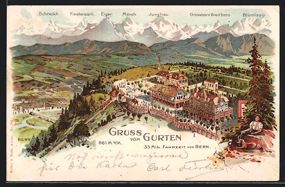 Cartoline postali: Litho Gurten /Bern, Hotel mit Bergen, Ei – Usato da Berlin venduto da bartko-reher