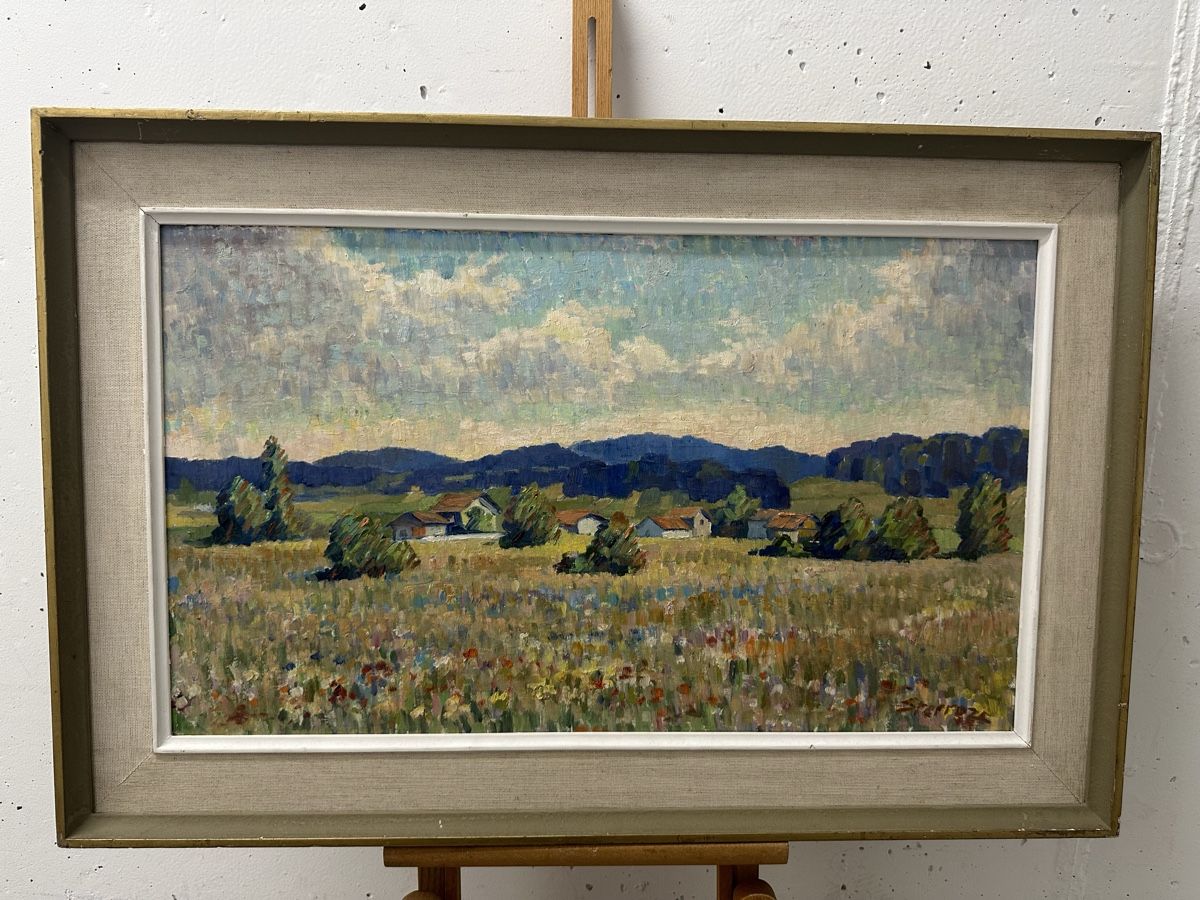 Tableaux: Gemälde Sommerwiese mit Häusern Landschaft – D'occasion à Ebikon par Gaenggeliwaar