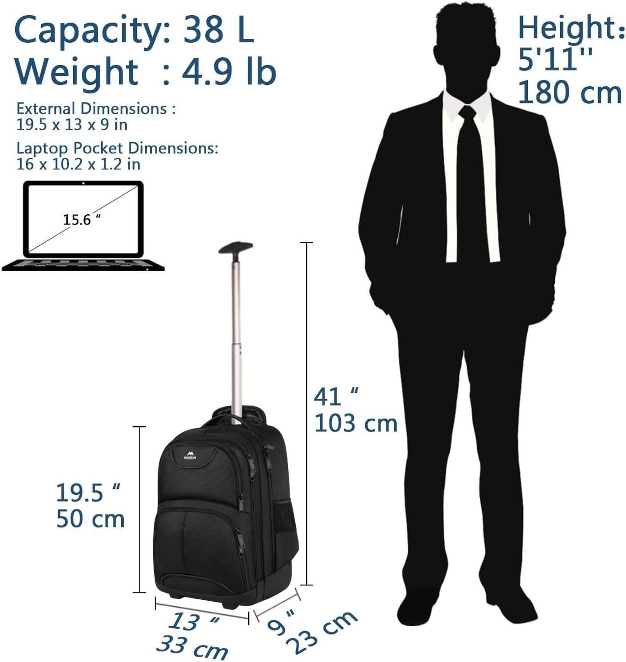 Rucksack mit Rollen Trolley Handgepäck 36L Laptop 17 Zoll (Neuf avec ...