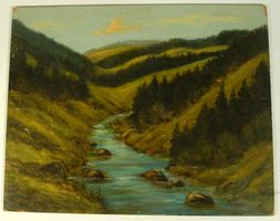 Landschaft mit Fluss ohne Signatur Oel auf Pavatex
