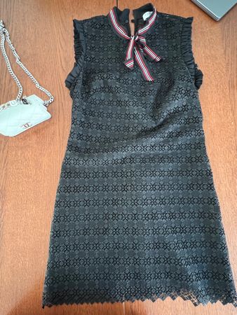 Sandro Paris Black Lace Mini Dress, ribbon tie, size small