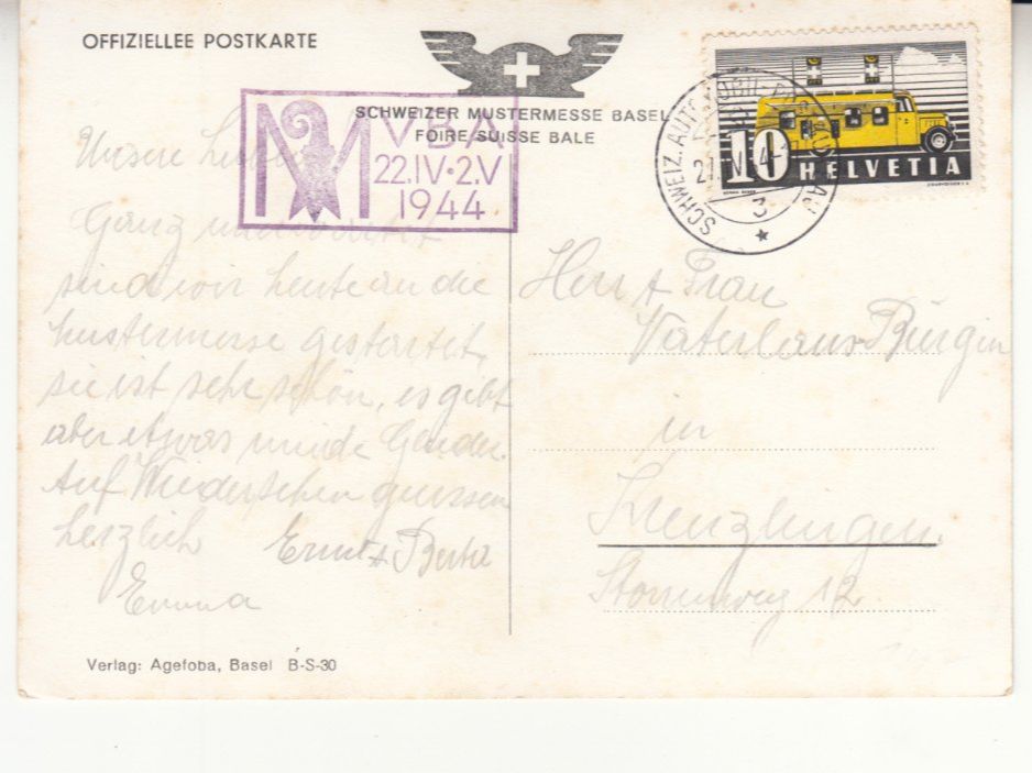 Cartoline postali: Basel Muba 1944 mit Sonderstempel A. 339 – Usato da Bürglen TG venduto da StampGraf 1
