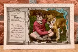 Geburtstag präge AK - Junge mit Hund aus England - Kitsch