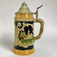 Chope à bière vintage ULM DONAU faïence, couvercle en étain