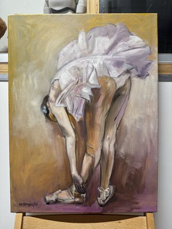 Original Painting: Ballerina Adjusting Pointe Shoes, Signed,