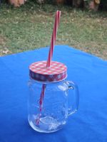 Glas Henkel-Becher mit Deckel und Strohhalm 15cm hoch neu