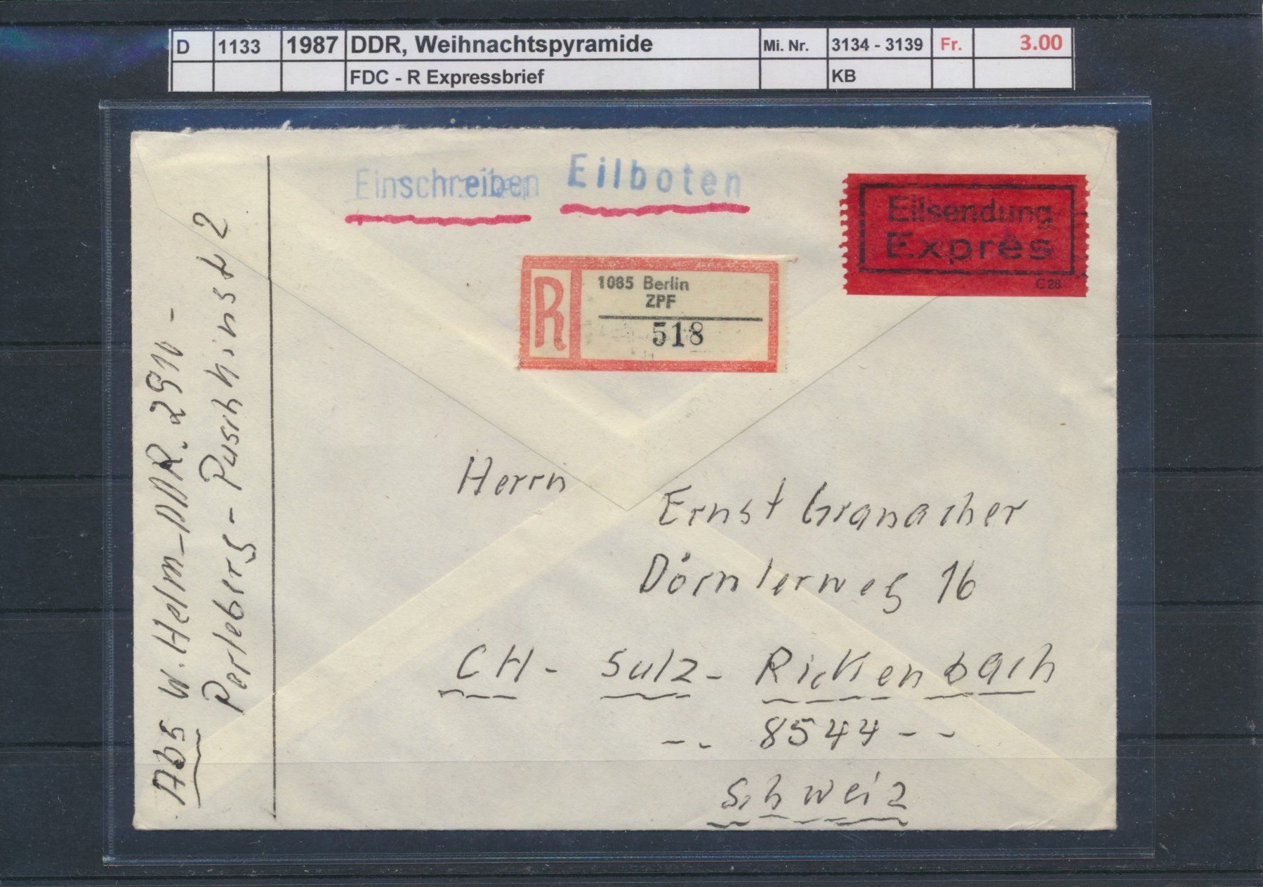 Alle Briefmarken: 1987 DDR, Weihnachtspyramide, FDC – Gebraucht aus Winterthur von Zupogeru 1